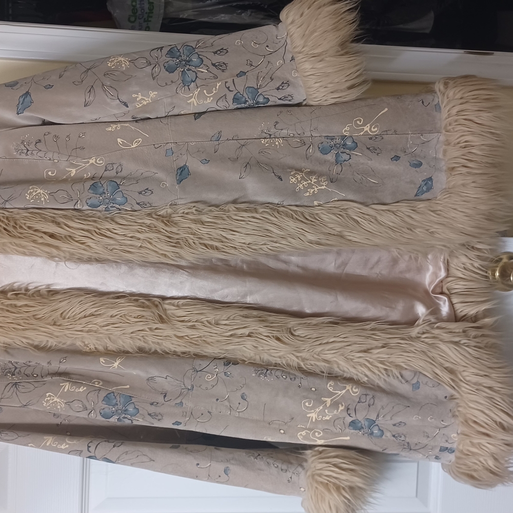 Floral Embroidered Tan Coat with Faux Fur Trim